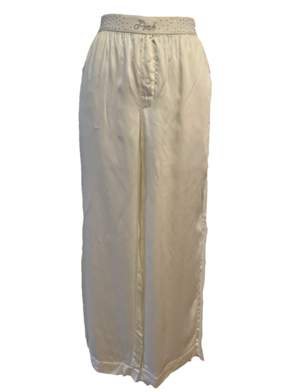 PINK VICTORIA'S SECRET IVORY S SMALL RHINESTONE SILKY SATIN SLEEP PANTS NEW
